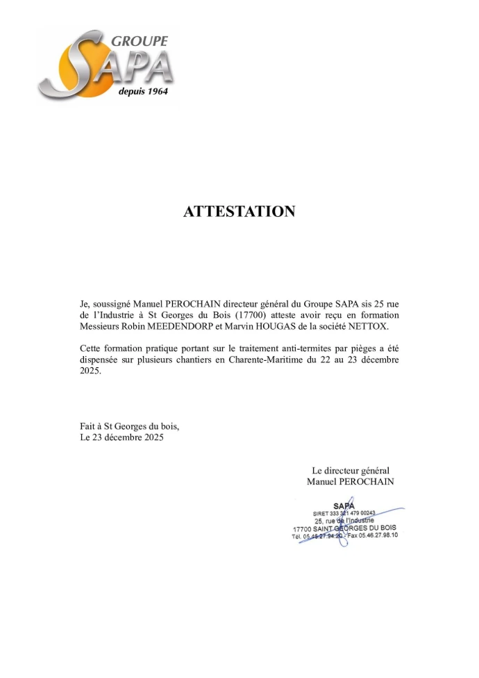 Certification de la SAPA piégeage des termites