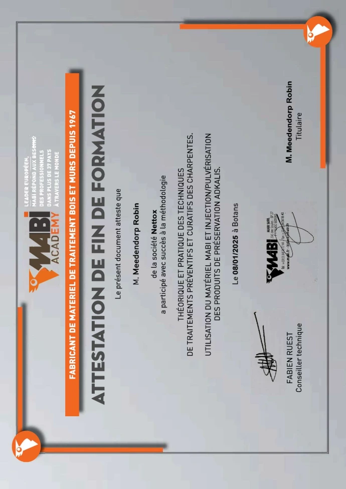 Certifiaction MABI traitement des bois et charpentes