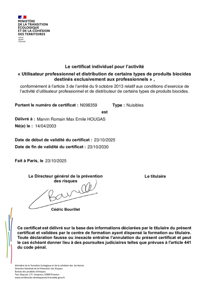 Image du Certibiocide de Marvin HOUGAS délivré par Lodigroup