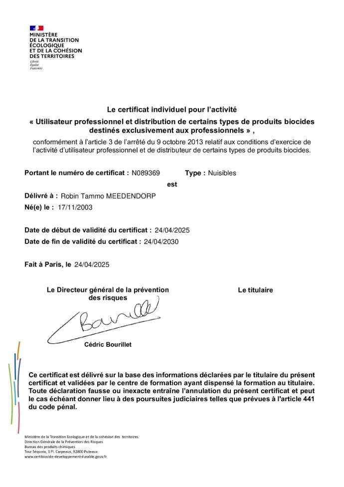 Image du certibiocide de Robin Meedendorp délivré par Lodigroup
